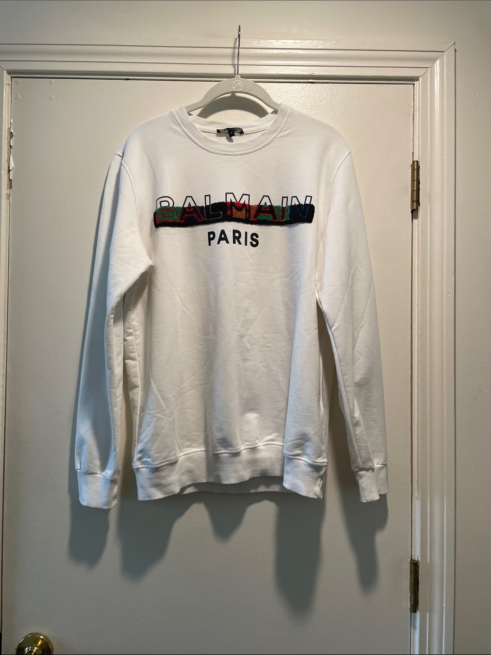 Balmain White Crewneck Sweatshirt with Multicolor Embroidered Logo Unisex